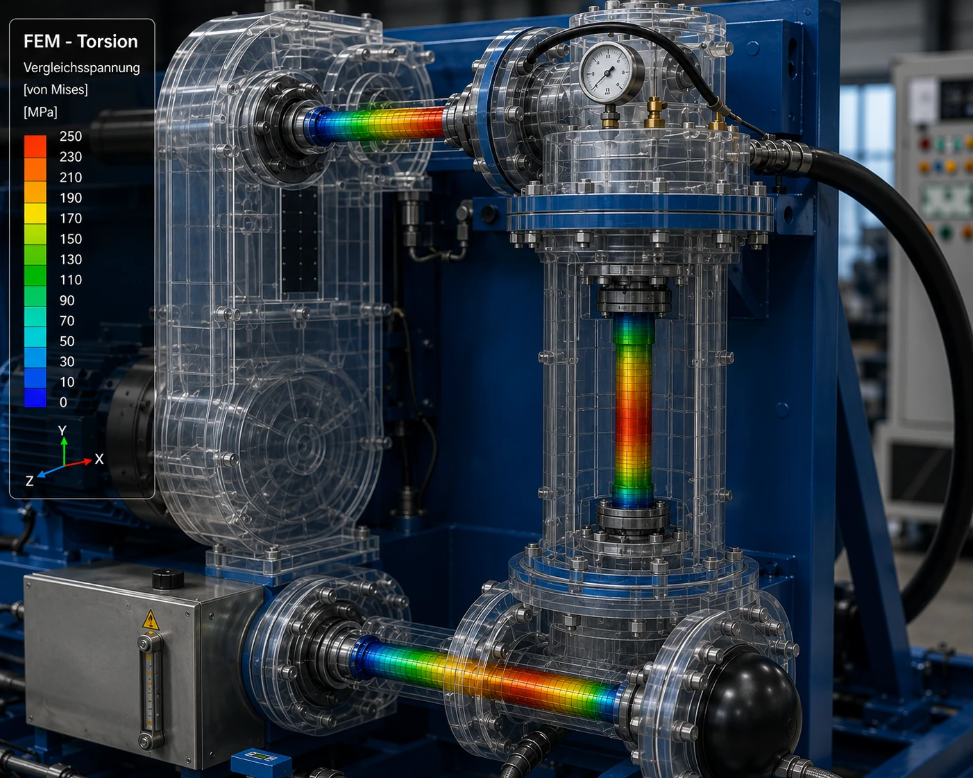 FEM-Simulation eines Wellenstrangs unter Torsionsbelastung mit transparent dargestelltem Gehäuse