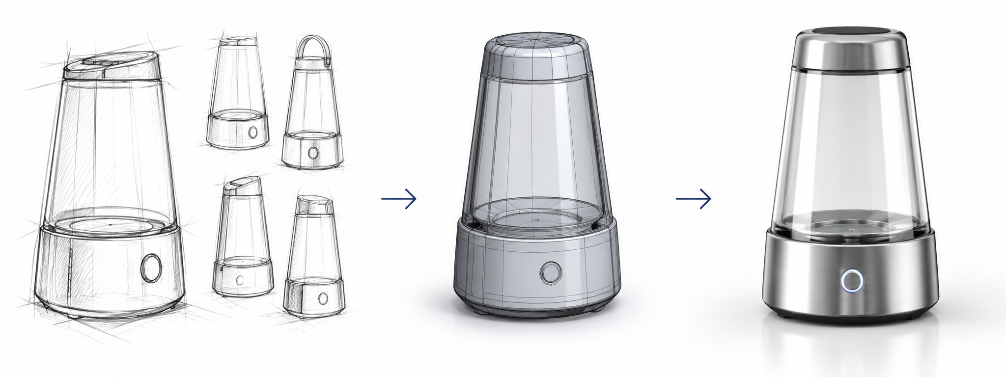 Designprozess von der Bleistiftskizze über CAD-3D-Konstruktion bis zum Rendering desselben Produkts