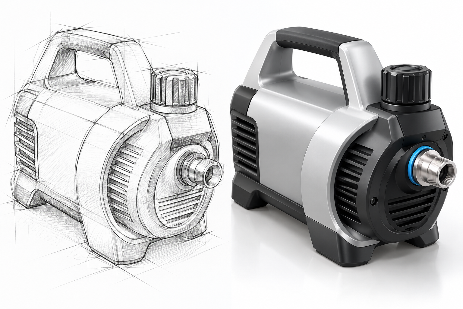 Industrial Design Prozess – Bleistiftskizze und fertiges Produkt-Rendering desselben technischen Geräts