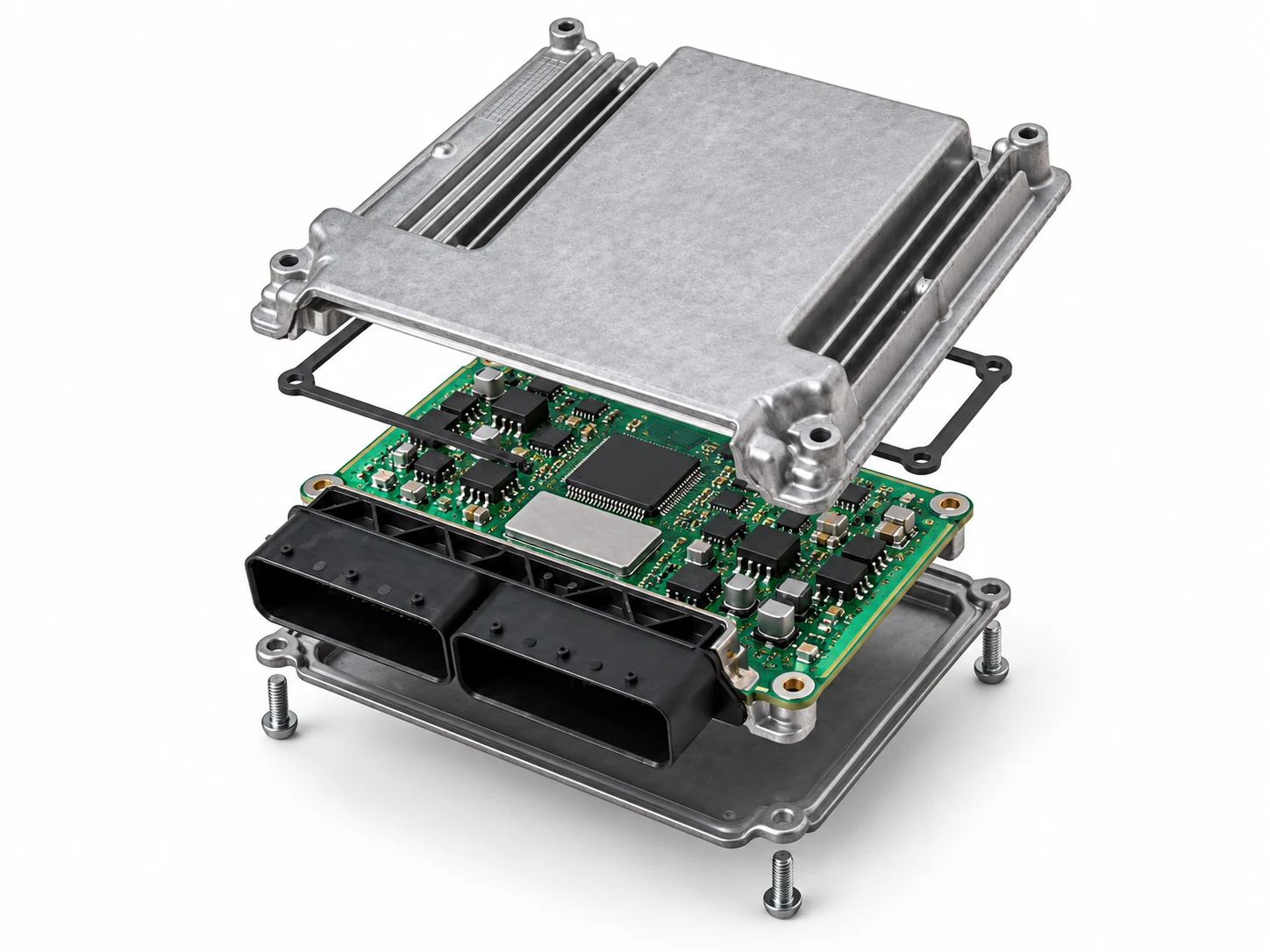 Illustrative Explosionsdarstellung eines Elektronikgehäuses mit Aluminiumoberteil, Dichtung, bestückter Leiterplatte, Anschlüssen und Bodenplatte