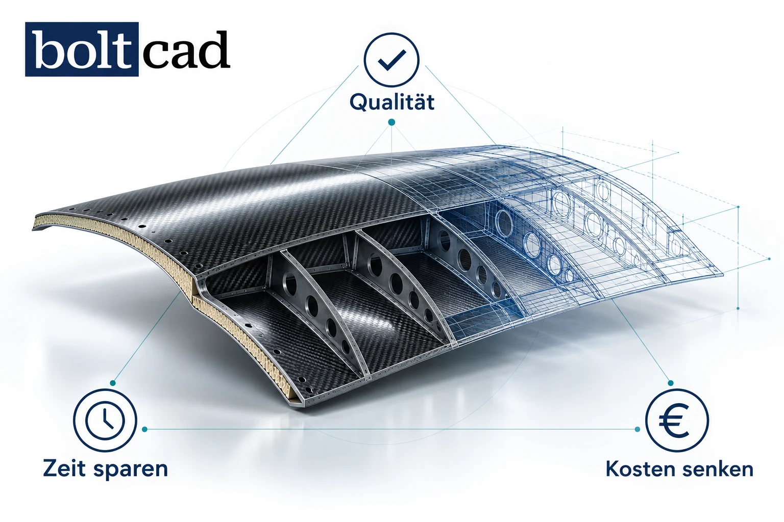 BoltCAD-Konzeptillustration: Composite-Struktur mit CAD-Geometrie sowie Qualität, Zeit sparen und Kosten senken