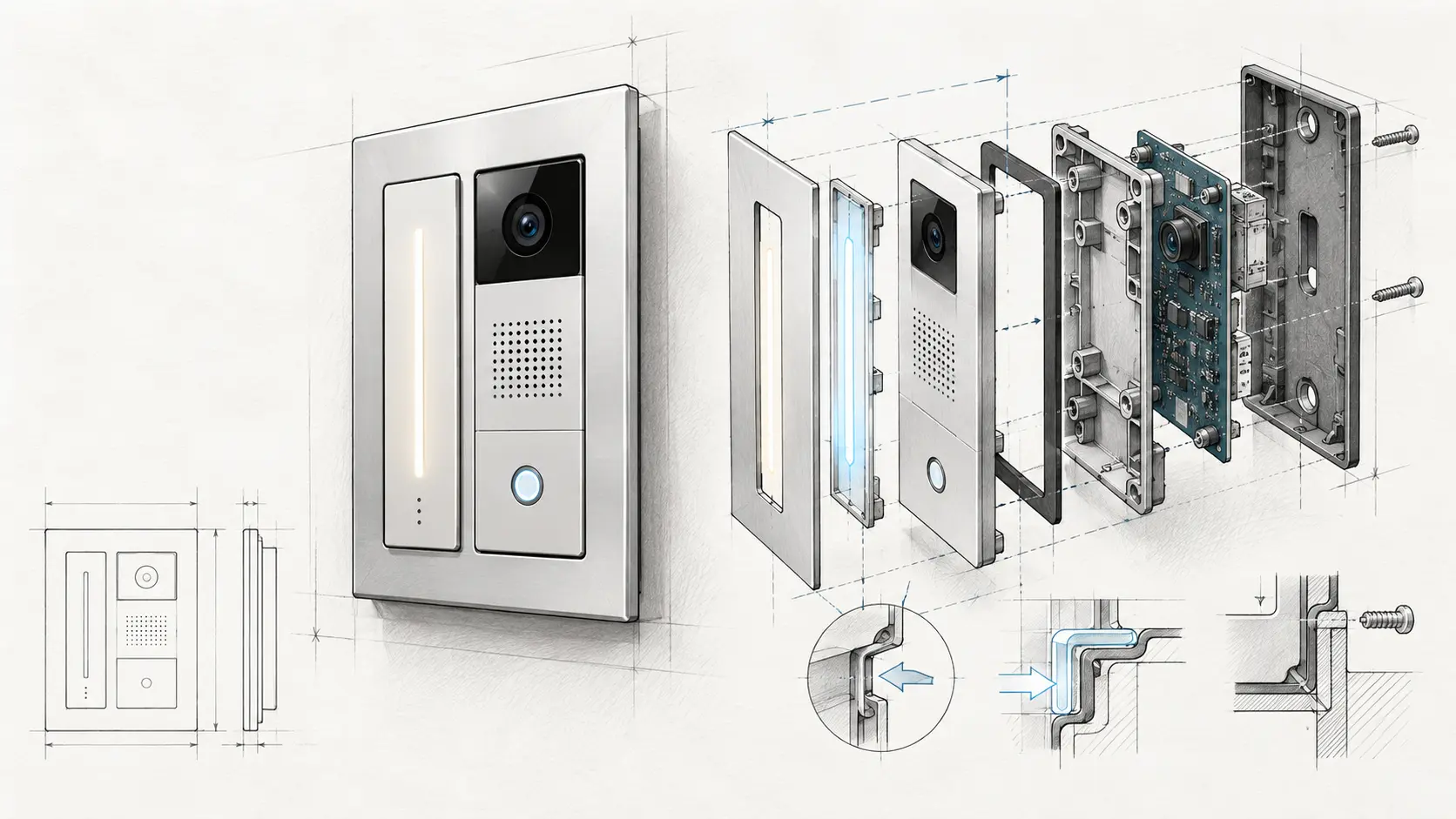 Technische Konzeptzeichnung eines modularen Gebäudetechnik-Produkts mit Kamera, Lautsprecher, Lichtleiter, Dichtung, Leiterplatte sowie Kunststoff- und Druckgussteilen