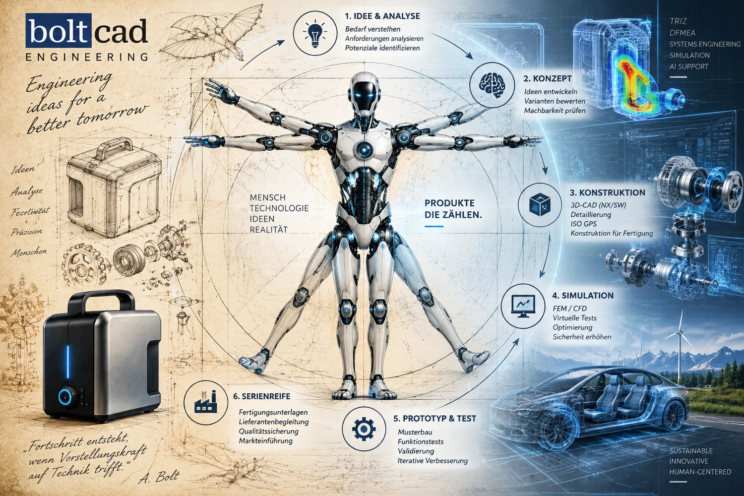 Produktentwicklung von der technischen Skizze bis zu CAD, Simulation und KI – visualisiert als Verbindung von Renaissance-Idee und moderner Robotik